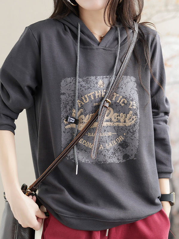 Drawstring Printed Long Sleeves Loose Hoodies Tops