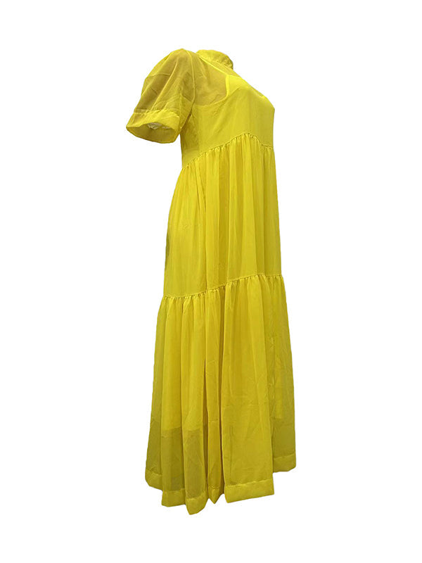 Loose Plus Size Mesh Pleated Solid Color Split-Joint Mock Neck Maxi Dresses Two Pieces Set