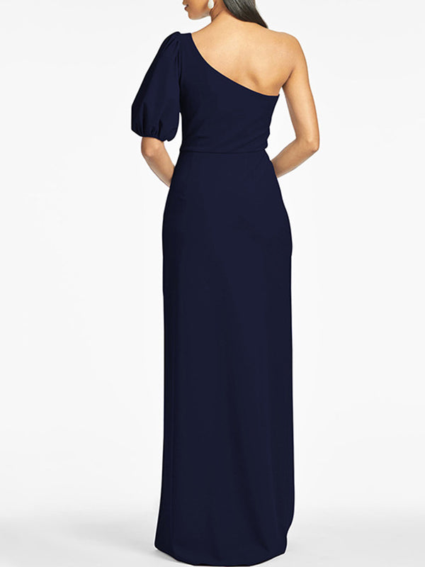 Solid Color Split-Side Puff Sleeves One-Shoulder Maxi Dresses