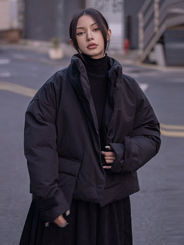 Urban Long Sleeves Buttoned Asymmetric Solid Color Stand Collar Padded Coat