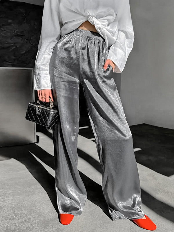 Elasticity Shiny Solid Color Split-Joint High Waisted Loose Trousers Pants