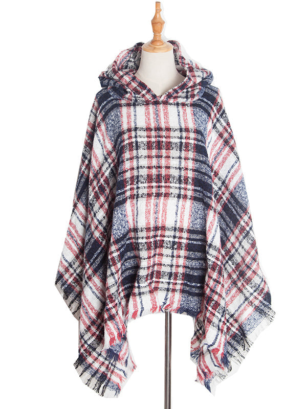 Fringed Hooded Keep Warm Plaid Shawl&Cloak Cape