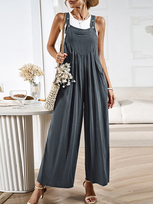 Pleated Pockets Split-Joint Loose Sleeveless Spaghetti-Neck Overalls