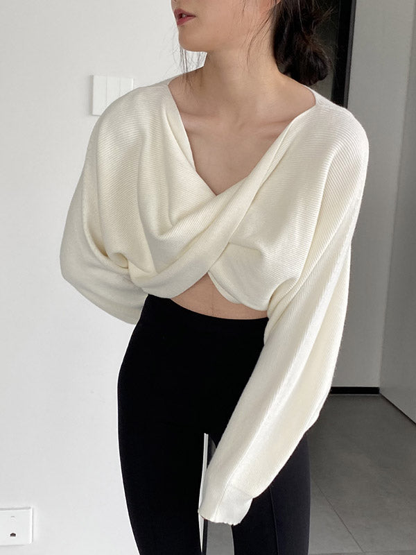 Knot Solid Color Batwing Sleeves Long Sleeves V-Neck Sweater Tops Pullovers