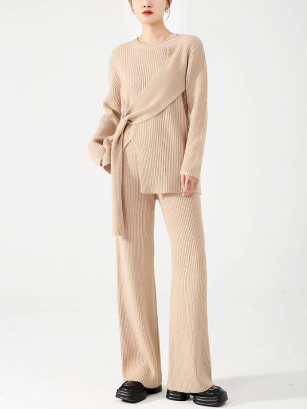 Loose Asymmetric Solid Color Long Sleeves Split-Front Round-Neck Sweater Top + Pants Bottom Two Pieces Set