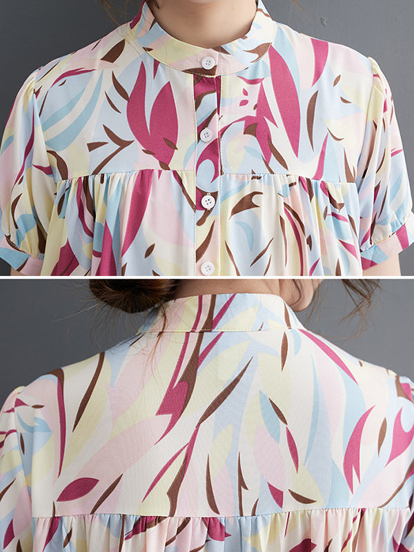Original Loose Short Sleeves Buttoned Contrast Color Printed Stand Collar Midi Dresses
