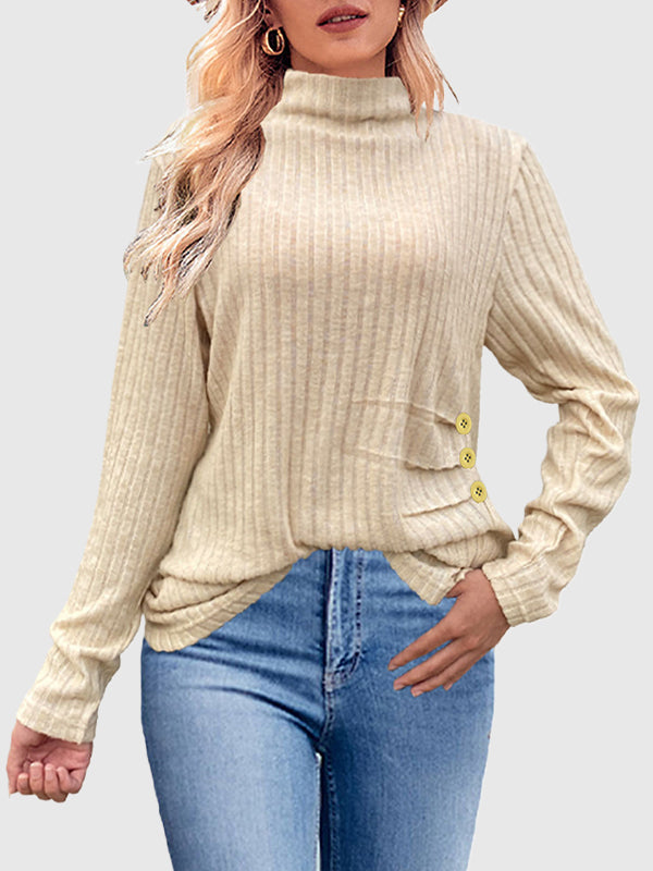 Buttoned Pleated Solid Color Long Sleeves Loose High Neck T-Shirts Tops