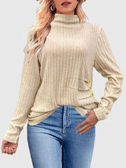 Buttoned Pleated Solid Color Long Sleeves Loose High Neck T-Shirts Tops