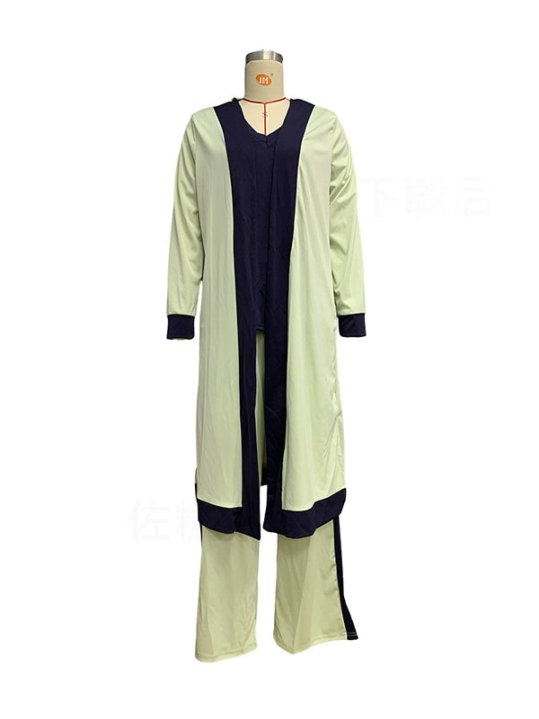 Loose Contrast Color Long Sleeves Outer Wear + V-Neck Inner Vest + Pants Bottom Three Pieces Set