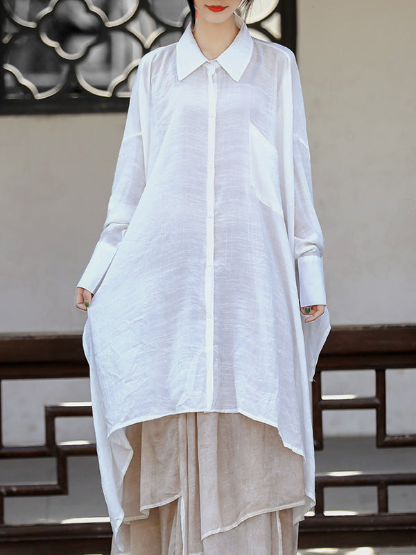 See-Through Solid Color Split-Joint Split-Side Loose Raglan Sleeve Lapel Blouses