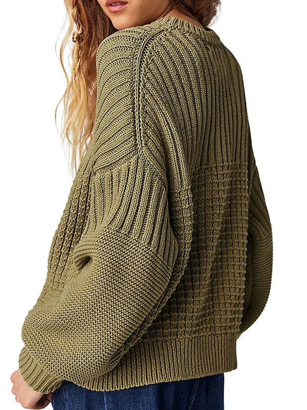 Solid Color Long Sleeves Loose Round-Neck Sweater Tops Pullovers