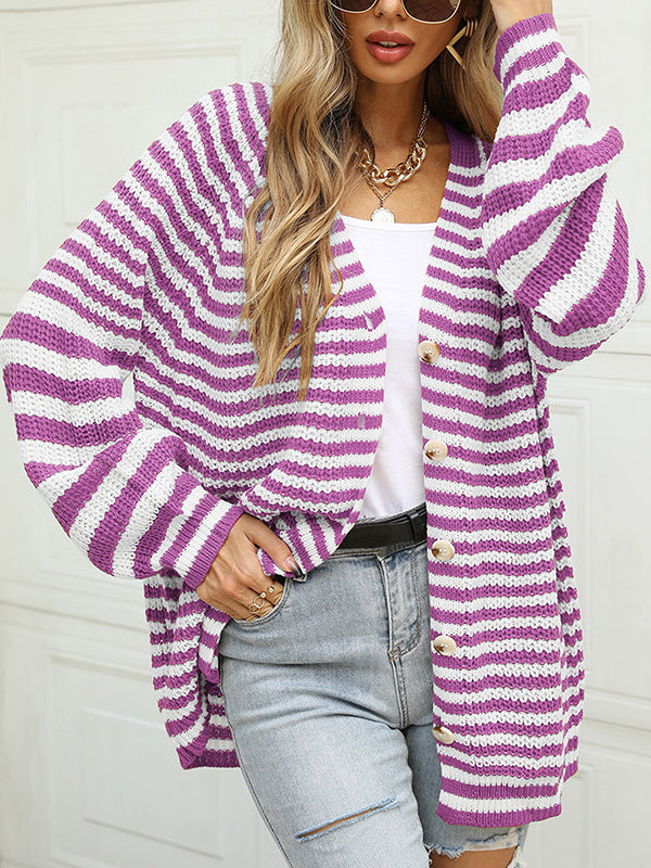 Casual Loose Long Sleeves Striped V-Neck Cardigan Tops