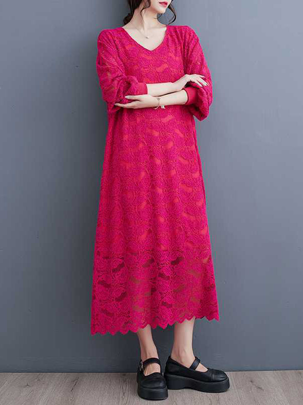 Jacquard Bishop Sleeve Long Sleeves V-Neck Midi Dresses
