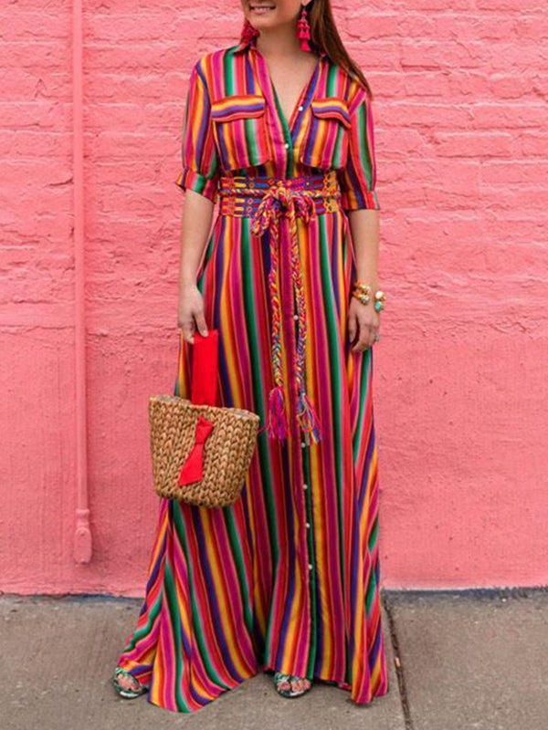 Split-Joint Striped Long Sleeves Loose Lapel Shirt Dress Maxi Dresses