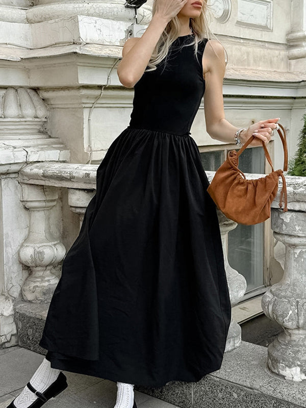 Solid Color Split-Joint A-Line Sleeveless Round-Neck Maxi Dresses