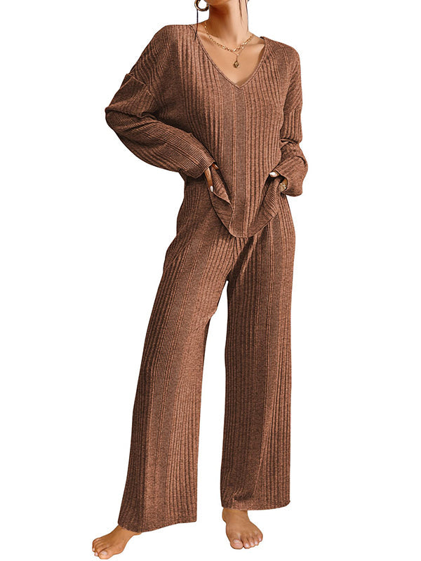 Solid Color Long Sleeves Loose V-Neck Shirt Top + Pants Bottom Pajama Sets