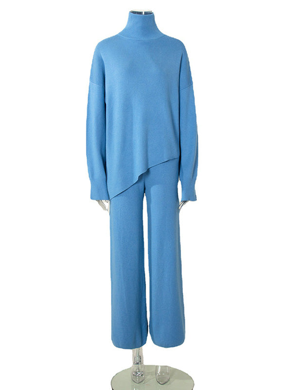 Casual Solid Color Irregularity High-Neck Sweater& Wide Leg Pants Suits