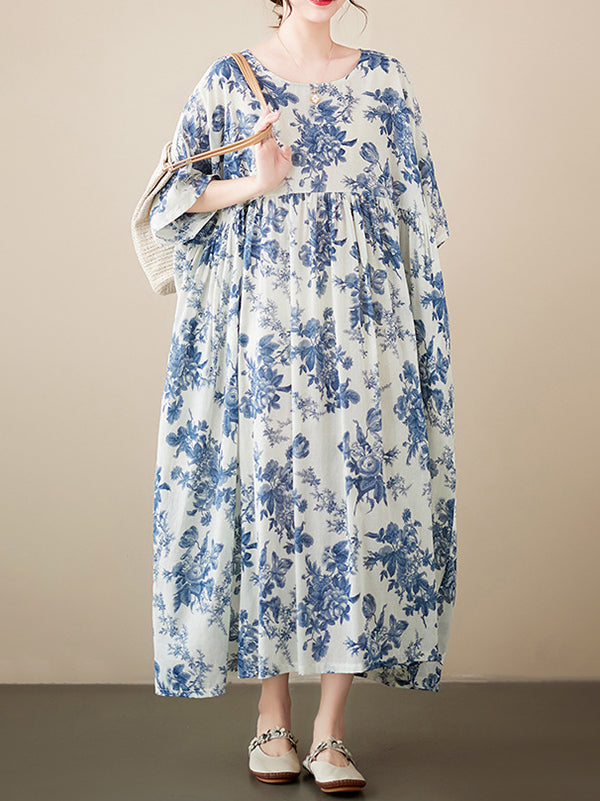 Floral Printed Pleated Split-Joint Loose Short Sleeves Round-Neck Midi Dresses