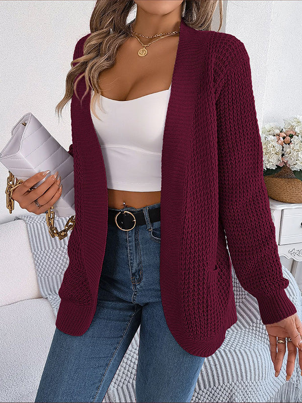 Pockets Solid Color Long Sleeves Loose Collarless Cardigan Tops