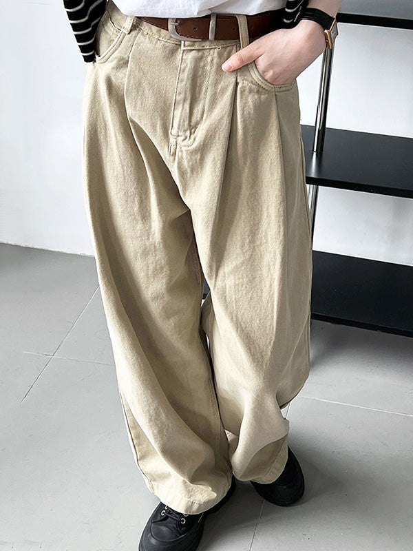Belted Pleated Pockets High Waisted Wide Leg Jean Pants Bottoms