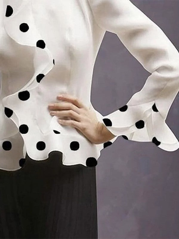 Long Sleeves Falbala Polka-Dot Stand Collar Blouses&shirts Tops