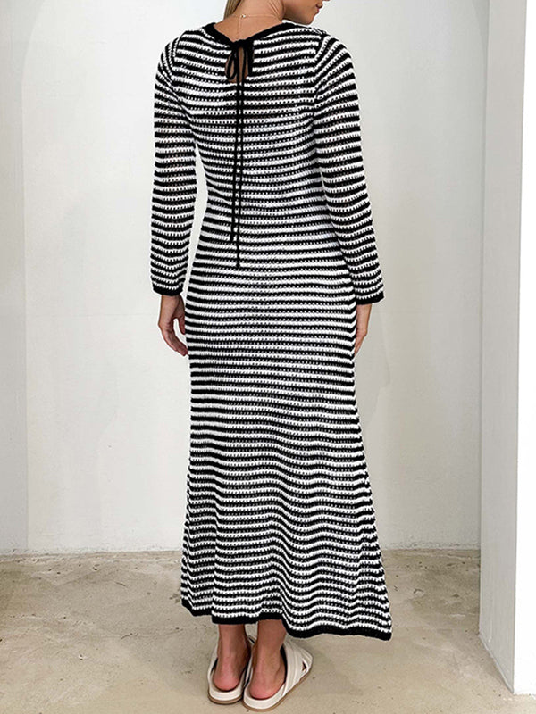 Contrast Color Striped Tied High Waisted Long Sleeves Round-Neck Sweater Dresses Midi Dresses