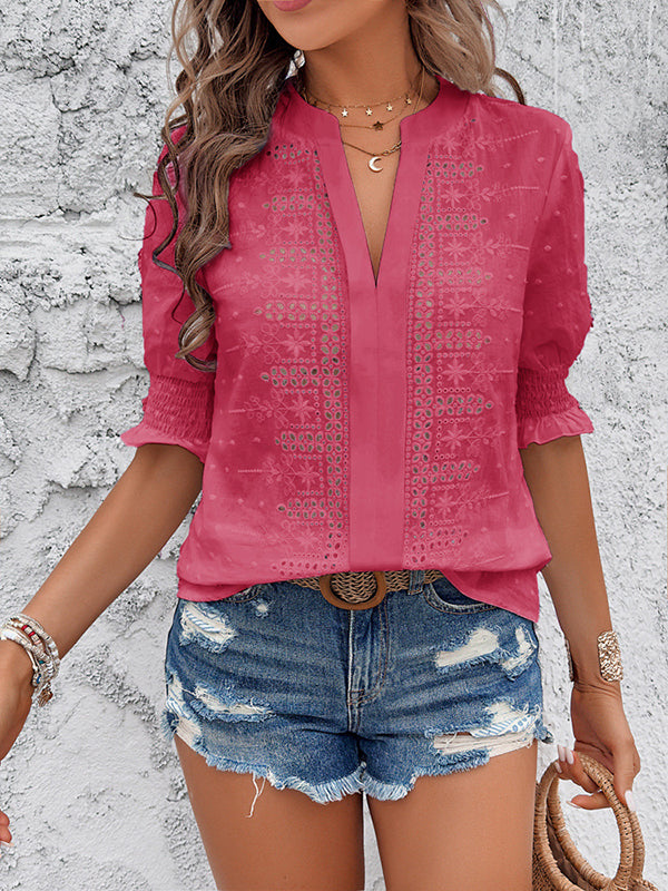 Elasticity Embroidered Hollow Solid Color Half Sleeves Loose V-Neck Blouses&Shirts Tops