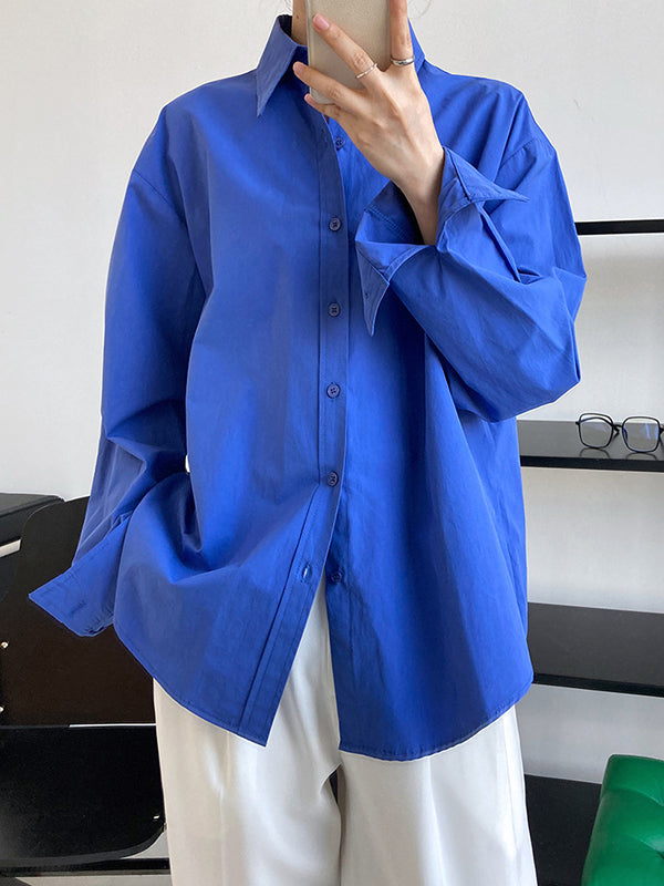 Simple Loose Long Sleeves Buttoned Solid Color Lapel Collar Blouses&Shirts Tops