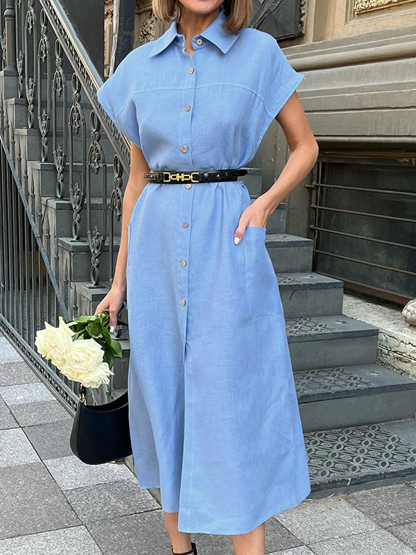 See-Through Split-Joint Tied Waist Loose Raglan Sleeve Lapel Shirt Dress Midi Dresses