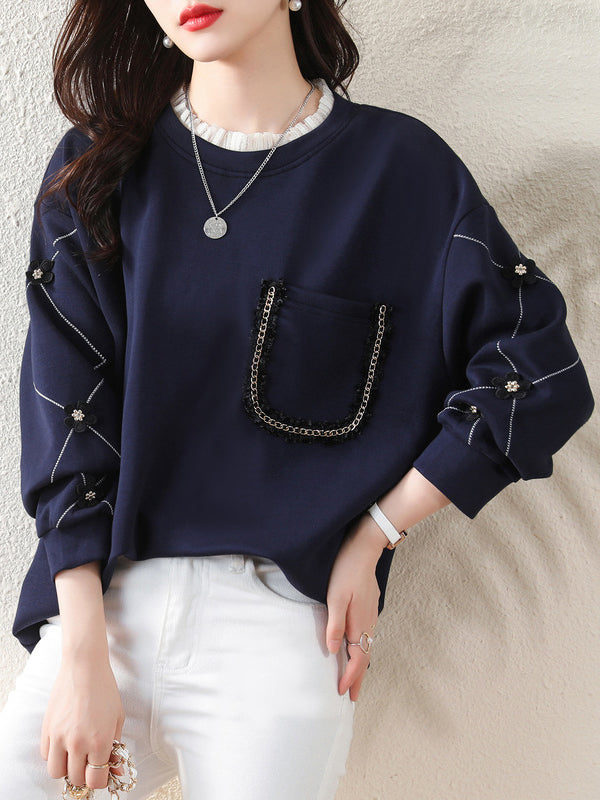 Chains Pockets Ruffled Split-Joint Three-Dimensional Flower Long Sleeves Loose Round-Neck T-Shirts Tops
