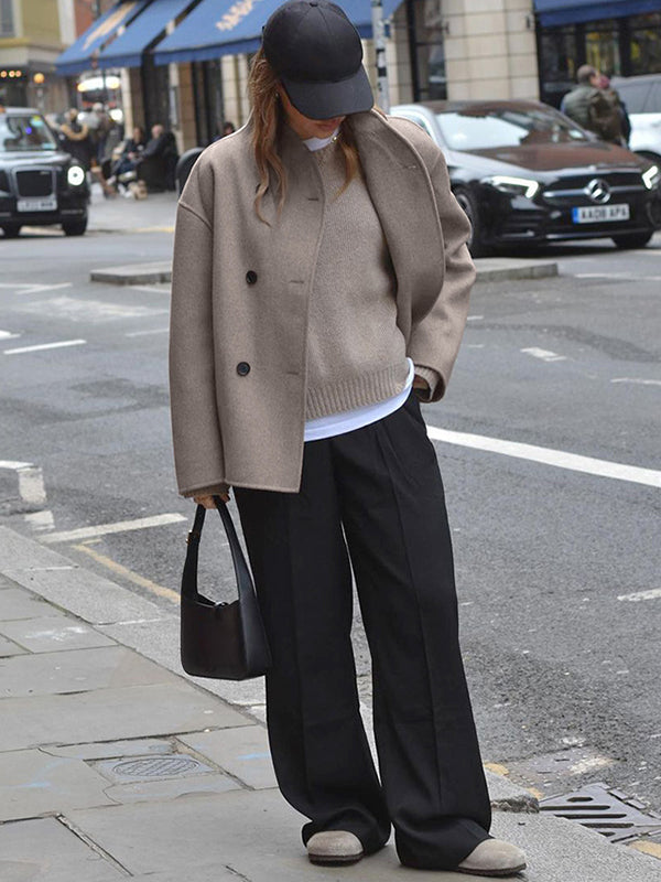 Buttoned Long Sleeves Loose Stand Collar Woolen Coat