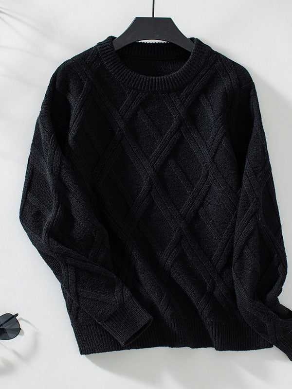 Solid Color Split-Joint Long Sleeves Loose Round-Neck Sweater Tops Pullovers