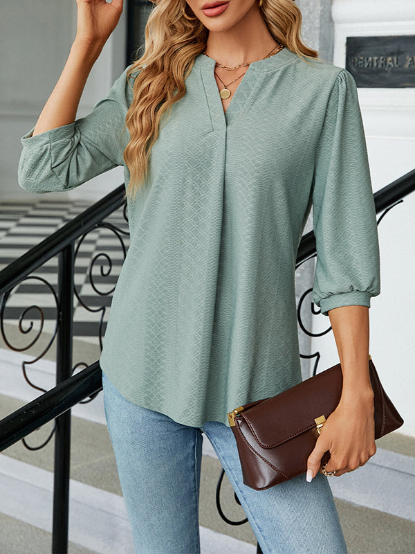 Jacquard Pleated Solid Color Split-Joint Loose Puff Sleeves V-Neck T-Shirts Tops