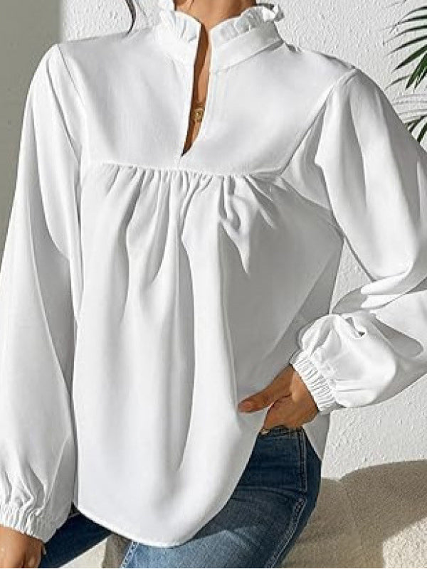 Pleated Ruffled Solid Color Long Sleeves Puff Sleeves Stand Collar Blouses&Shirts Tops