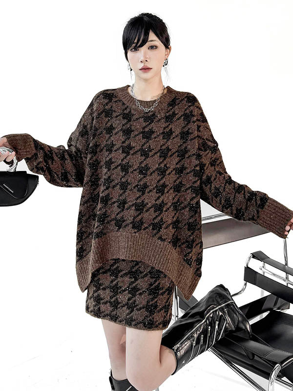 Contrast Color Split-joint Ribs Shiny Swallow Gird/Houndstooth Round-Neck Sweater Tops + A-Line Elasticated Waist Skirts Bottoms  Two Pieces Set