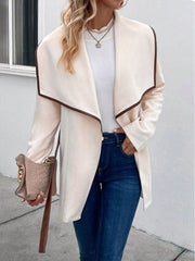 Contrast Color Tied Waist Long Sleeves Loose Lapel Outerwear