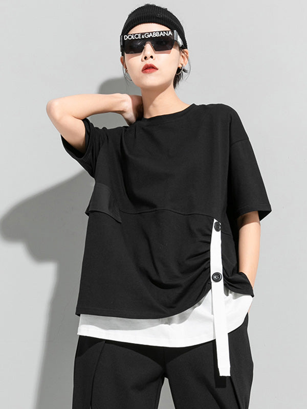 False Two Contrast Colors Irregular Splicing T-Shirts