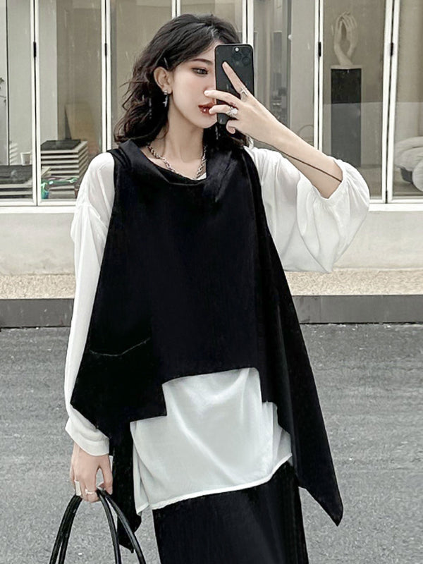 Pockets Solid Color Irregularity Loose Heaps Collar Vest Top T-Shirts