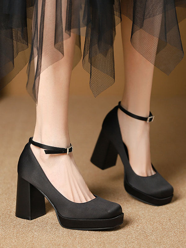 Lace-Up Shallow Cut Square-Toe Pumps Mary Janes