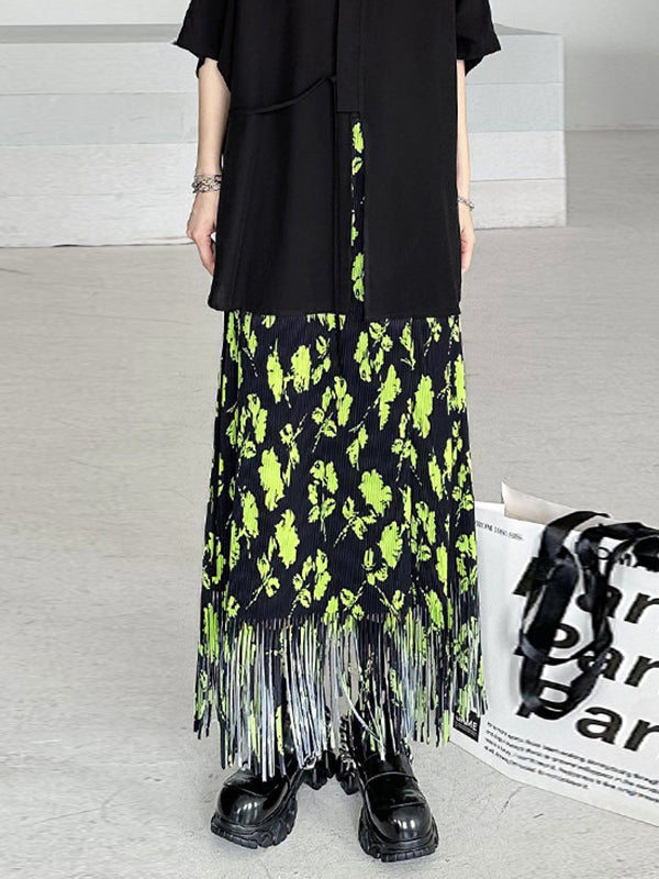 Pleated Printed Split-Joint Tasseled High Waisted H-Line Skirts