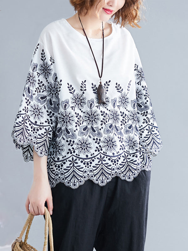 Hollow Print Loose Three-quarter Sleeves Round-neck Blouses&shirts Tops