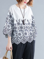 Hollow Print Loose Three-quarter Sleeves Round-neck Blouses&shirts Tops