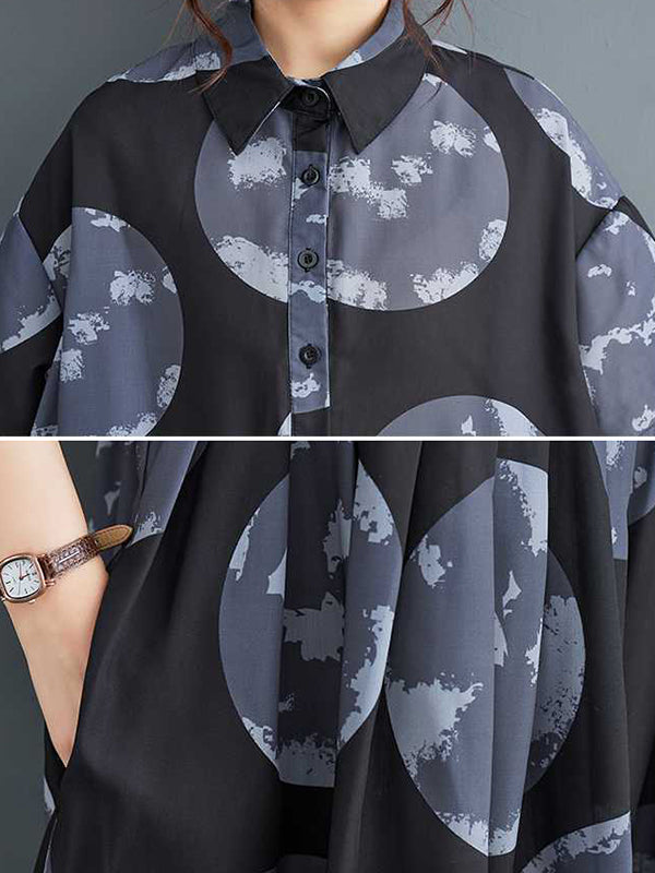 Polka-Dot Loose Short Sleeves Lapel Collar Midi Dresses