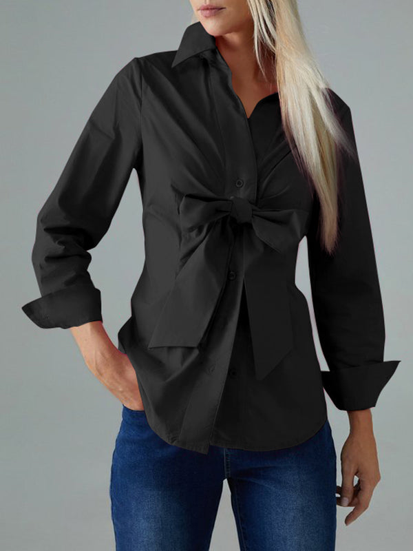 Long Sleeves Bow-Embellished Buttoned Solid Color Lapel Blouses&Shirts Tops