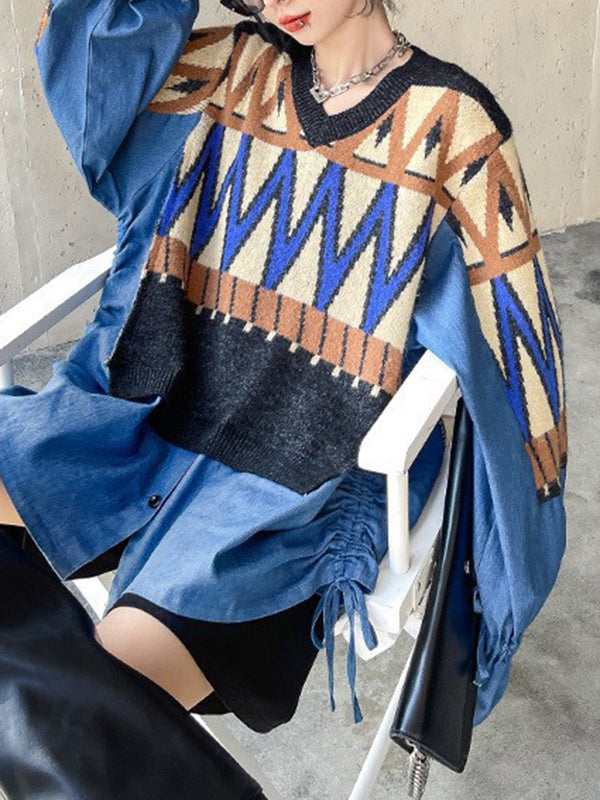 Drawstring Split-Joint False Two Long Sleeves V-Neck Sweater