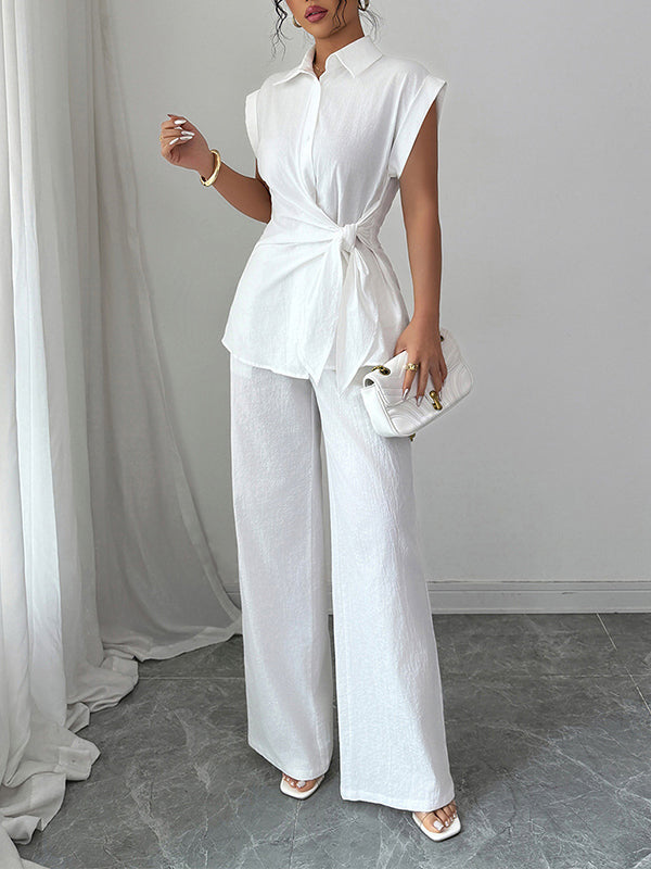 Lapel Short Sleeves Buttoned Solid Color Tied T-shirt Top + Pockets Pants Bottom Two Pieces Set