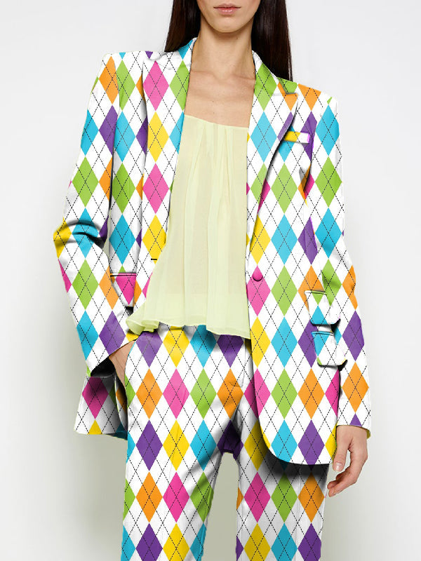 Buttoned Pockets Printed Shoulder Pad Long Sleeves Loose Notched Collar Outerwear Blazer