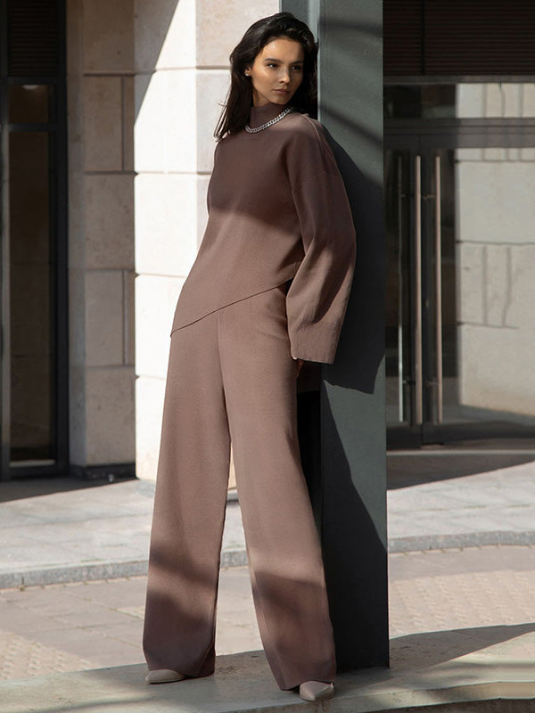 Casual Solid Color Irregularity High-Neck Sweater& Wide Leg Pants Suits