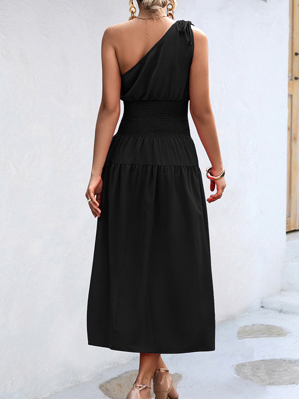Solid Color Sleeveless One-shoulder Midi Dresses