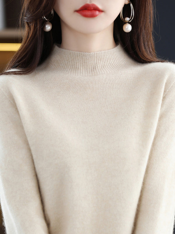 Casual Long Sleeves Solid Color Half Turtleneck Sweater Tops